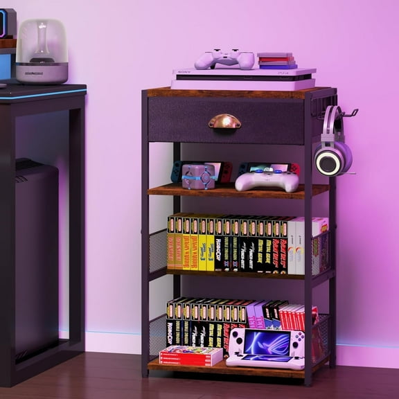 4-Tier AV Media Stand with Drawer, Video Game Console Shelf with 2 Hooks, Audio Rack Tower Perfect for/Xbox/ PS5/Switch/Game Consoles/DVD/Record Player/Projector/Sky Box/TV Accessories