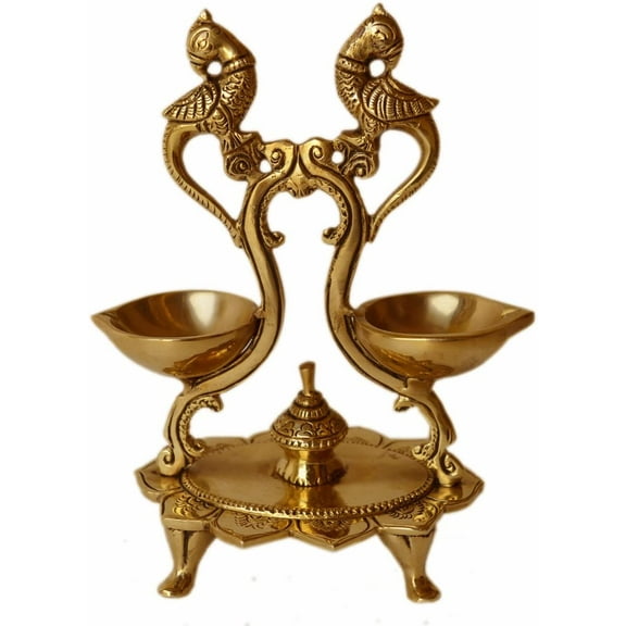 Diya Brass Lamp Traditional Puja Lotus feet Pooja Set Oil Deepak - Brass Peacock Diya Jyoti Deepak Oil Lamp Wick for Pooja, Home Temple, Showpiece, Home Decor, Gift, and Diwali Festival