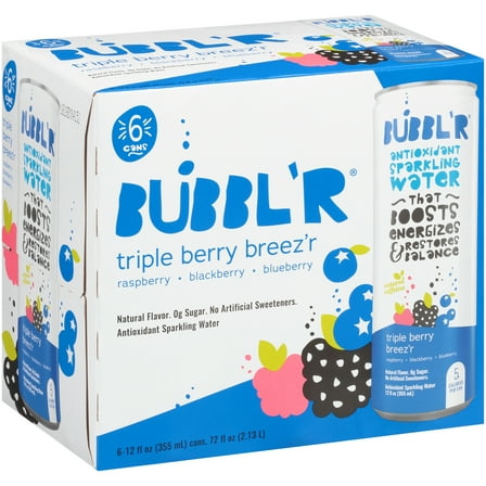 BUBBL'R Antioxidant Sparkling Water, Triple Berry Breez'r, 12 fl oz, 6 Pack Cans