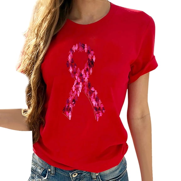 Sexlip Breast Cancer Shirts for Women Breast Cancer Awareness Short Sleeve Crew Neck Shirt Pink Ribbon Graphic Tops Red XXXL