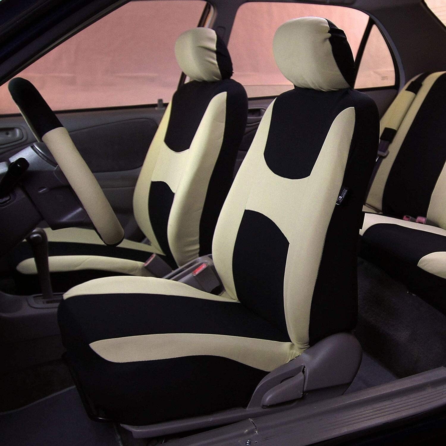 FH Group FB101BEIGETAN115 Beige Supreme Twill Fabric High-Back Car Seat Cover Full Set Airbag Ready and Split Rear Bench