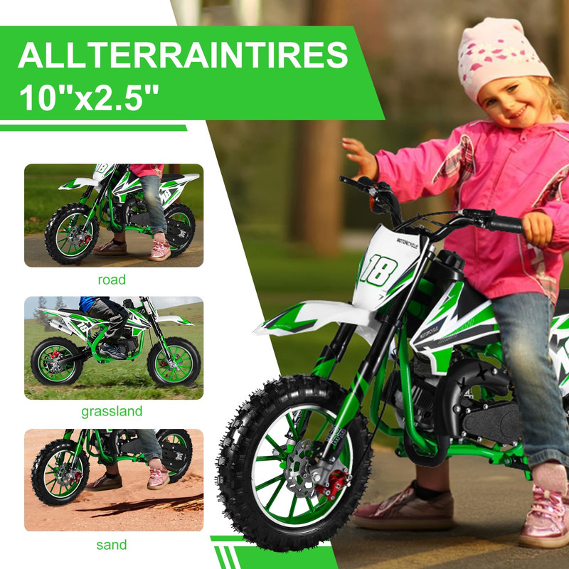 Seipouy 49CC 2-Stroke Kids Dirt Bike, Upgraded Gas Dirt Bike for Kids 8-14, Gas Power Motocross, Off Road Mini Motorcycle, Pocket Motorbike with Dual Disc Brakes, Summer Outdoor Adventure Toys