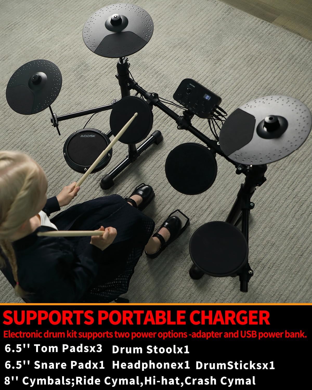 AODSK Electronic Drum Set for Beginners – 150 Sounds, 4 Quiet Pads, 3 Cymbals, 2 Pedals, Includes Throne, Sticks & Headphones – Portable Foldable Design