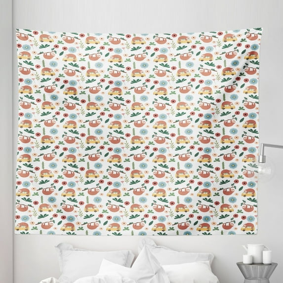 Jungle Cartoon Tapestry, Flowers Leaves and a Sloth on a Bus with Branches Botany Scene, Fabric Wall Hanging Decor for Bedroom Living Room Dorm, 5 Sizes, White and Multicolor, by Ambesonne