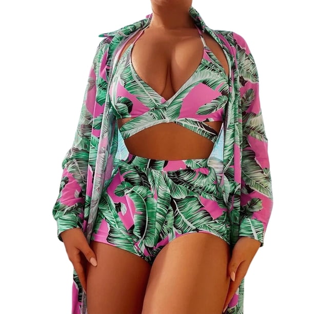 Gibobby Bañador de Bikini Traje de baño con borde nuevo para mujer Bikini de piezas Estampado de flores Cordón con cordones Traje de baño(Verde,G)