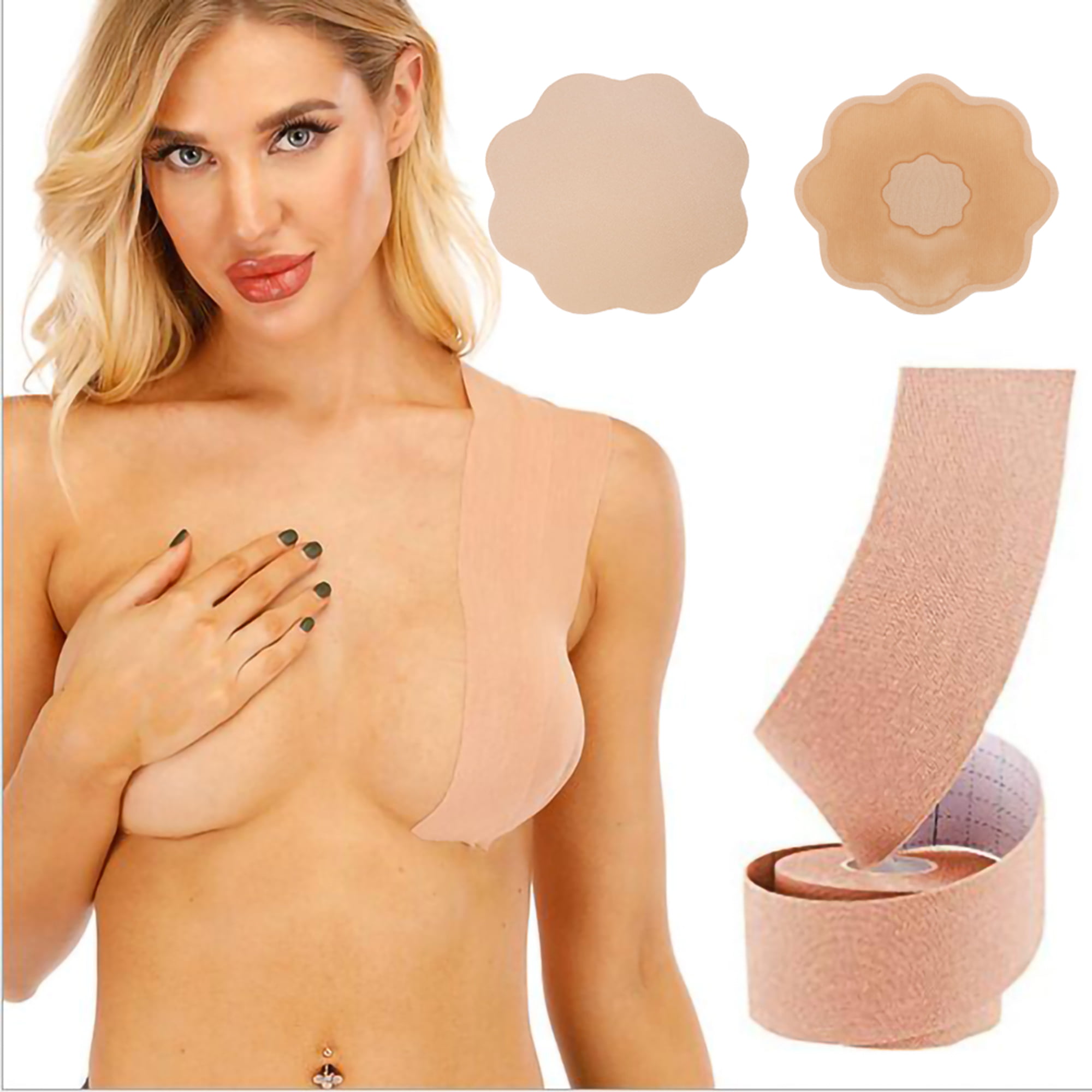 Nude-R Invisible Sticky Lingerie Tape Instant Push Up Bra Tape For A to E Cup Size Waterproof & Breathable Breast Lift Tape with 1 Pair Reusable Nipple Cover Boob Tape 5CM x 5M