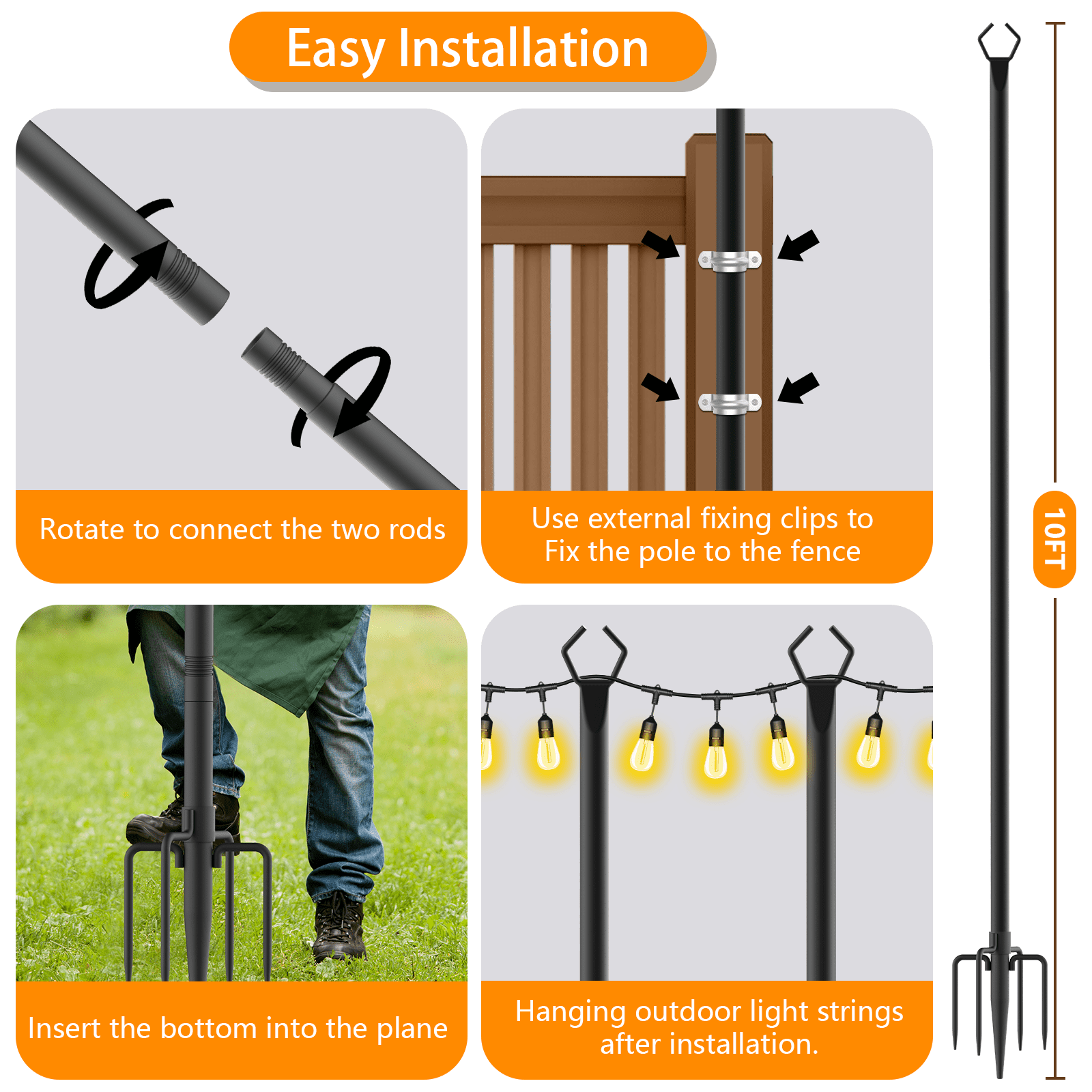 7Pack String Light Poles, 10ft Light Poles for Outside String Lights, Outdoor Lights Pole with Fork, Metal Poles Stand for Patio Deck Backyard