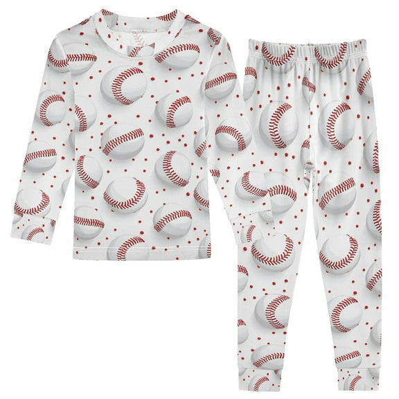 joogoo Baseball on White 2 Piece Long Sleeve Tee and Pants Cotton Pajama Set 5Y