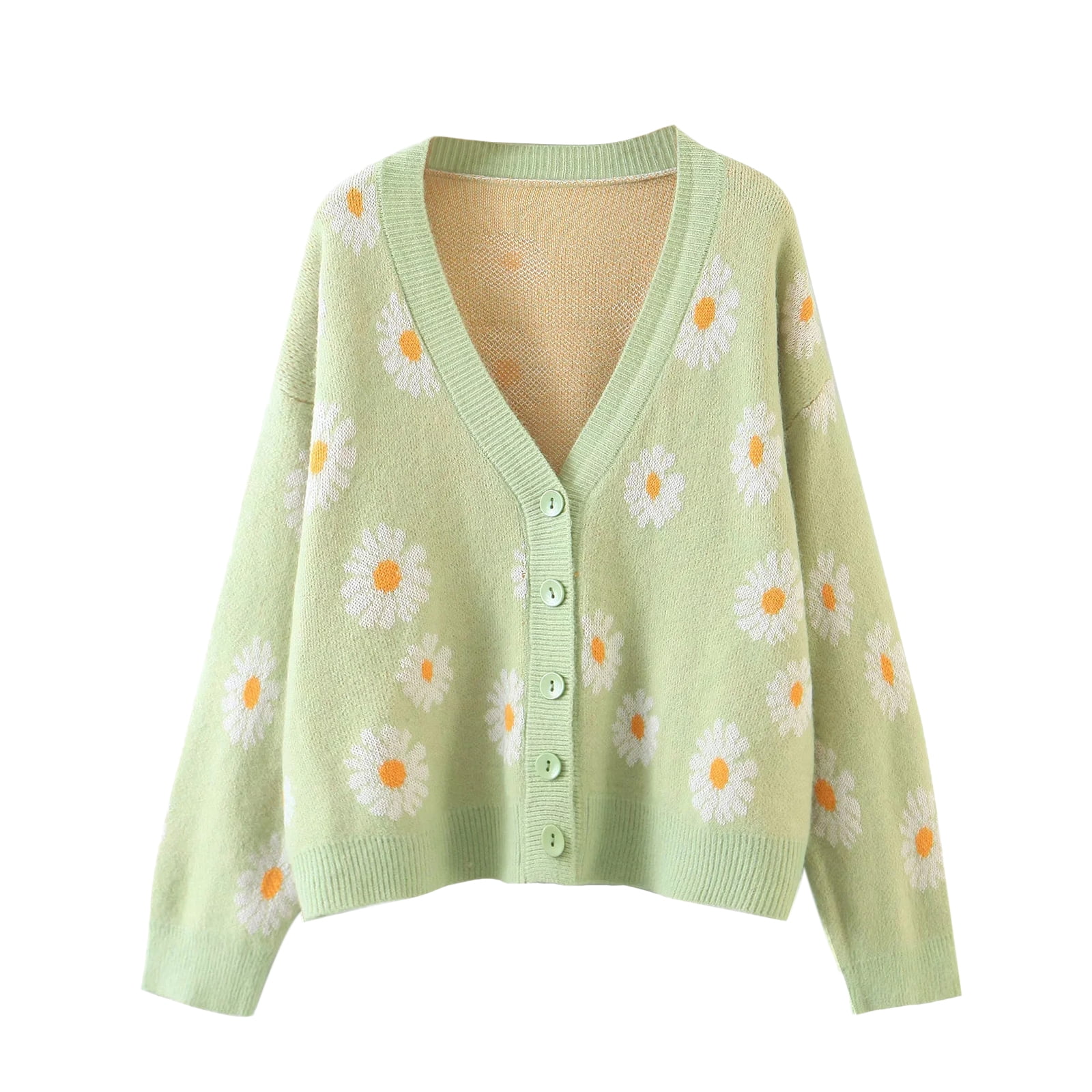 Fortune Women Little Daisy Sweater Cardigan V Neck Floral