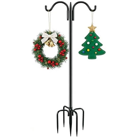 Double Shepherds Hook for Outdoor, 63 Inch Heavy Duty Bird Feeder Pole 5/8 Inch Thick Garden Hooks for Hanging Hummingbird Feeder, Plant Baskets, Solar Light Lanterns, 1 Pack