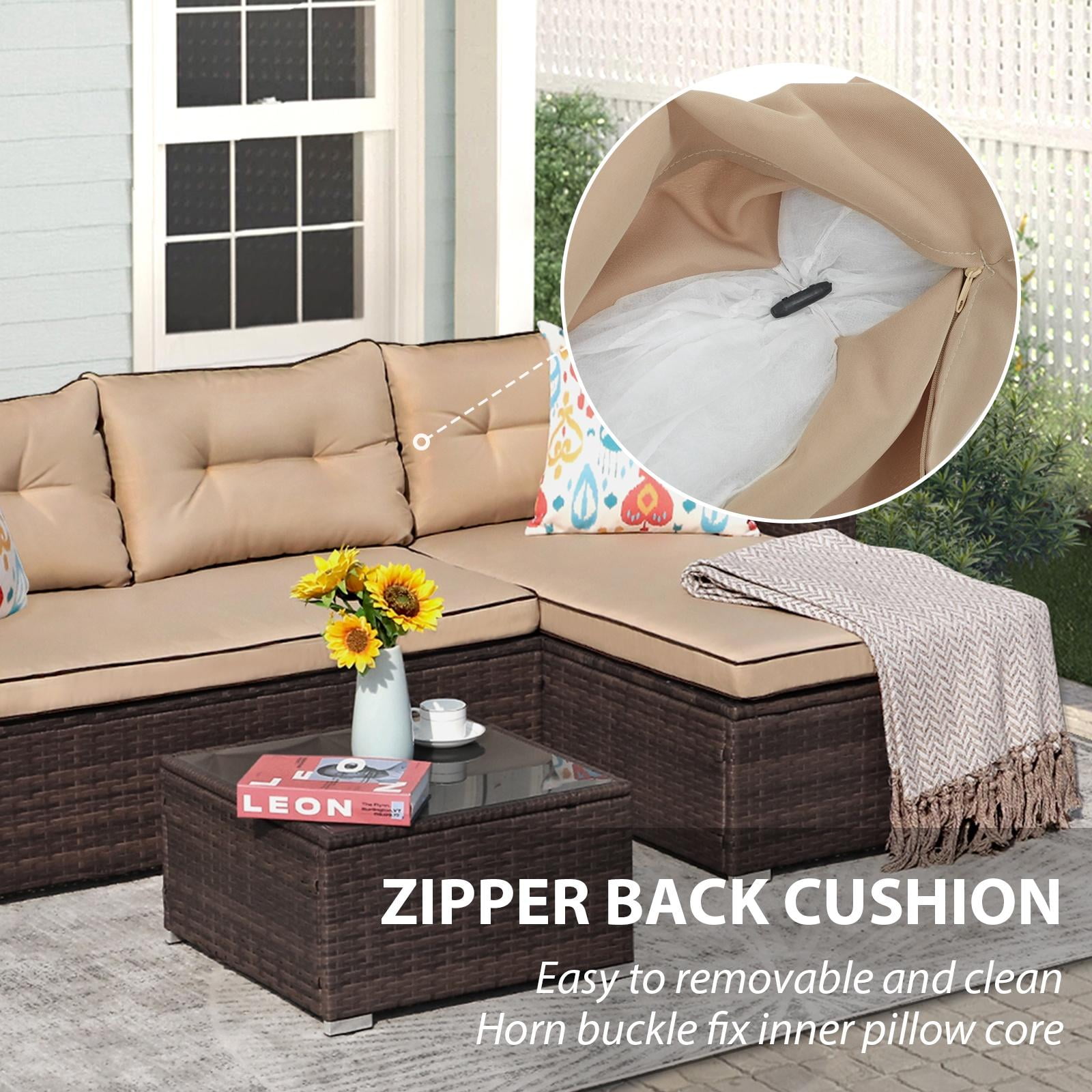 JOIVI 3 Pieces Patio Conversation Set, PE Wicker Rattan Outdoor Furniture Set, 2 Ways Small Sectional Sofa with Cushions, Tempered Glass Coffee Table, Beige
