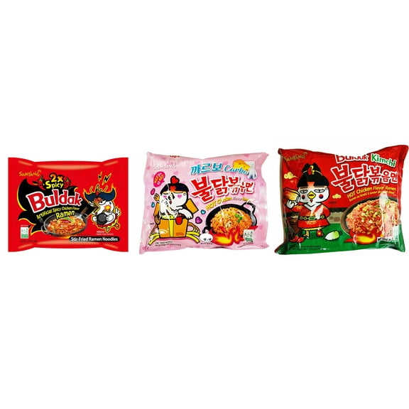 3 Packs Samyang Korean Artifical Spicy Chicken Stir Fried Ramen Roasted Noodles 3 Different Flavors (2x Spicy,Carbonara,kimichi) Plus NineChef Brand Long Handle Coffee Spoon