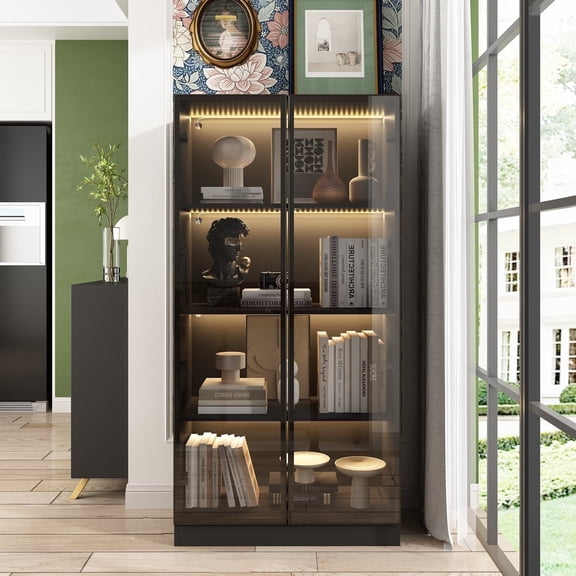 WIAWG 4 Tier Glass Display Cabinet with LED Lights,Black