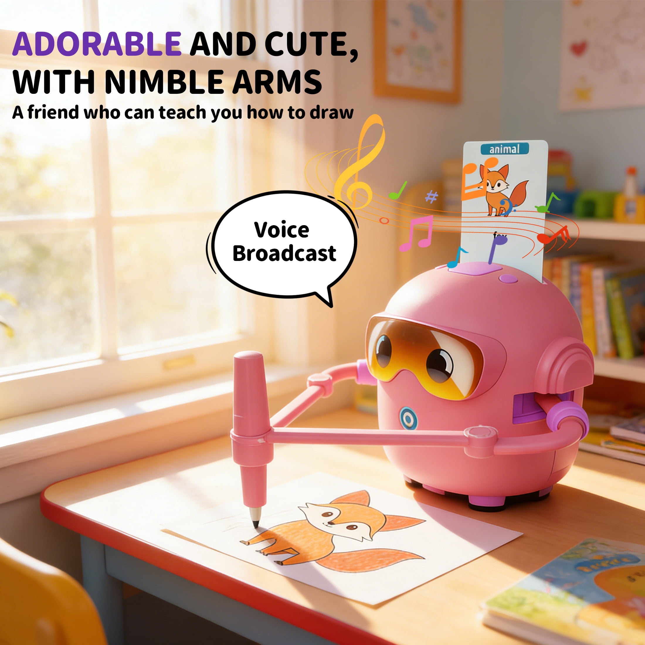CYFW Robot Drawing Machine,Card-Insert Recognition Drawing Robot with 100 Picture Cards & 12 Colored Pens,Learning Educational Robot Toys,Fun Voice Interactive Robot,Pink