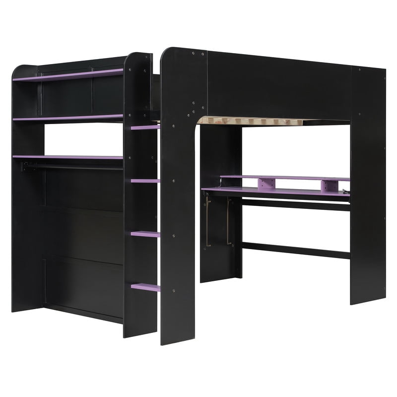 Full Size Wood Loft Bed with Desk, Wardrobe and Storage, Height Adjustable Gaming Loft Bed with USB Charging Port, RGB LED Light Strip, PC Tower Space and Shelves for Bedroom
