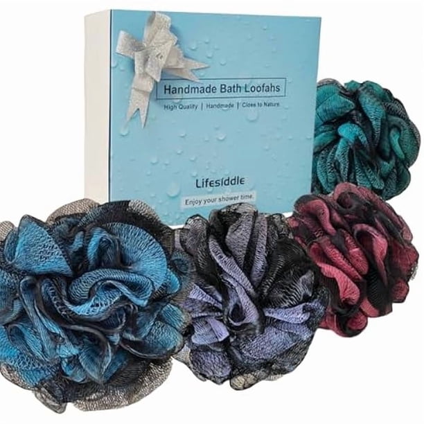 wonima11 Loofah-Bath Sponge Set-Large, 4 Pack Bath Scrubbers, Soft Mesh 4 Colors Puff-Cleansing Body Scrub for Men and Women: Skin Soothing Exfoliation Tools (Jewel Colors-Purple、Red、Blue、Green-60g)