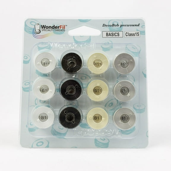 DecoBob Prewound Bobbins Class 15 12ct Black White Cream Grey