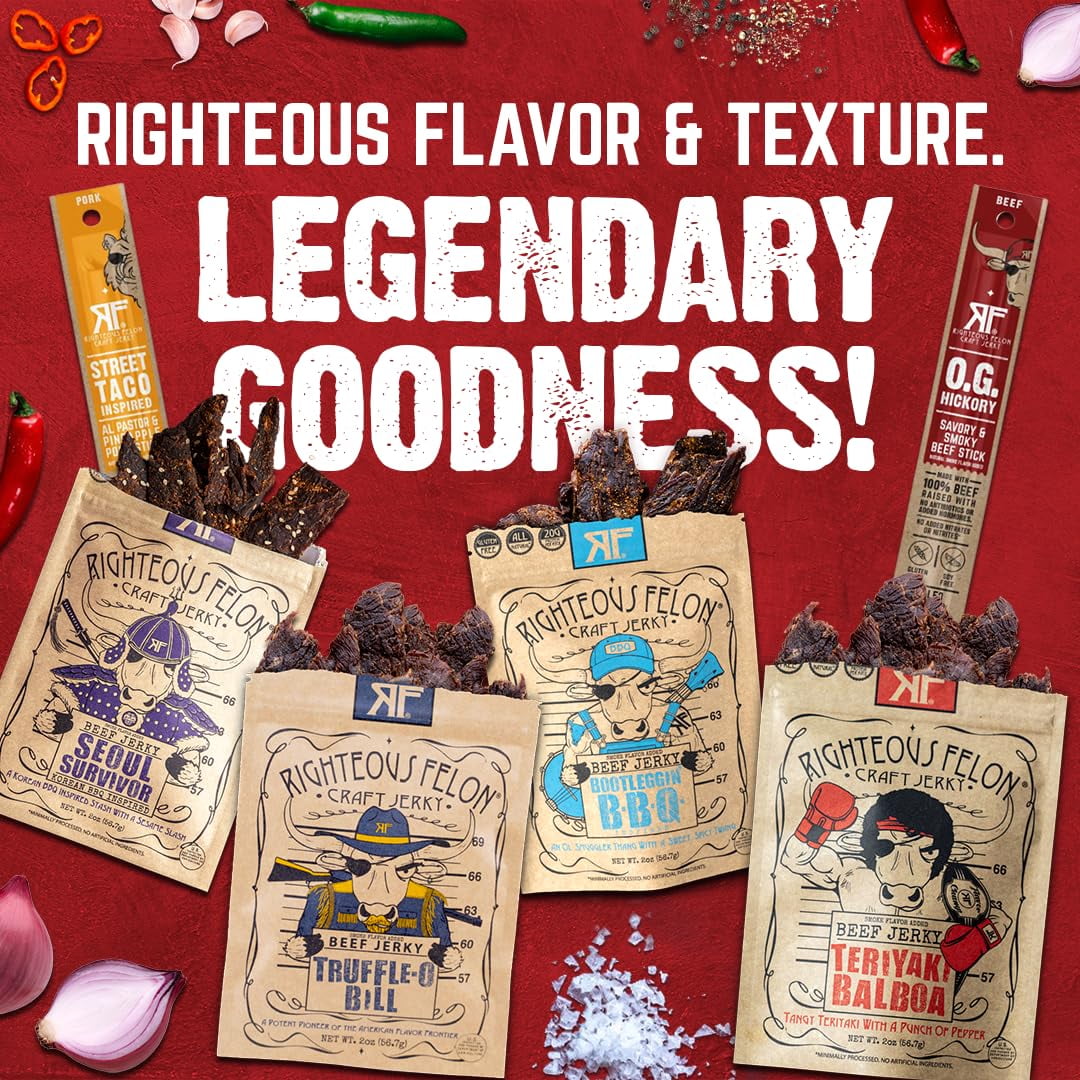 Righteous Beef Jerky Variety Pack Gift Basket - Great Gifts for Men - Gluten Free, High Protein Healthy Snack - Beef, Pork