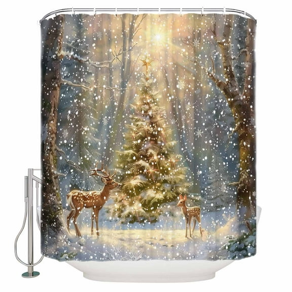 Fabric Shower Curtain, Christmas Deer Xmas Tree Snowflake Night Forest Snowscape Bathroom Curtain with 12 Hooks Waterproof No Bad Odor Machine Washable Bath Curtains for Bathroom, Spa Room, 54"x78"