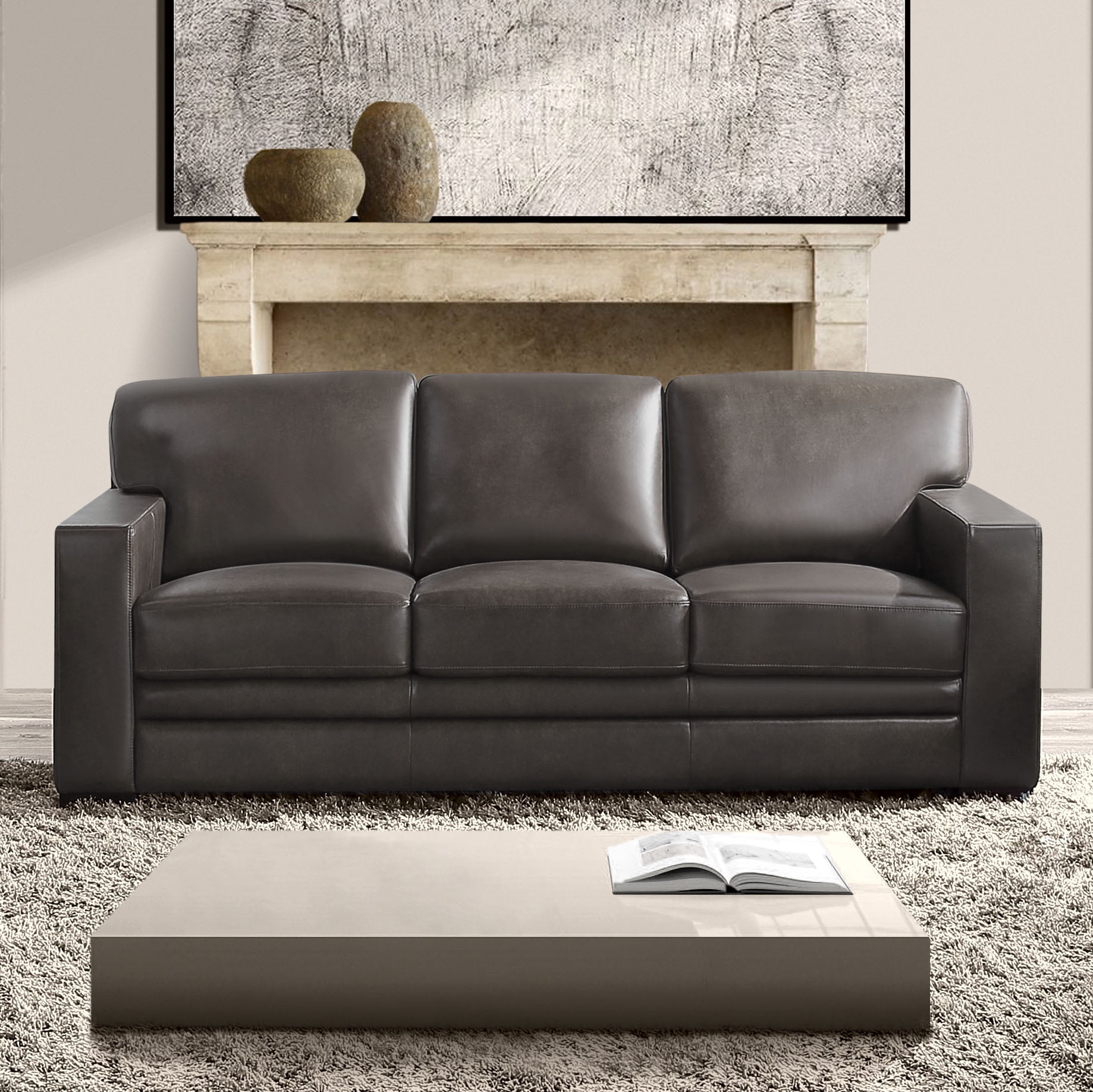 Devon & Claire Black Top Grain Leather Sofa, Gray