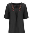 thumbnail image 5 of Fanxing Womens Beach Linen Shirts Summer V Neck Tunic Blouses Loose Fit 3/4 Sleeve Tops Cutout Lace Up Boho T Shirts Black,XL, 5 of 7