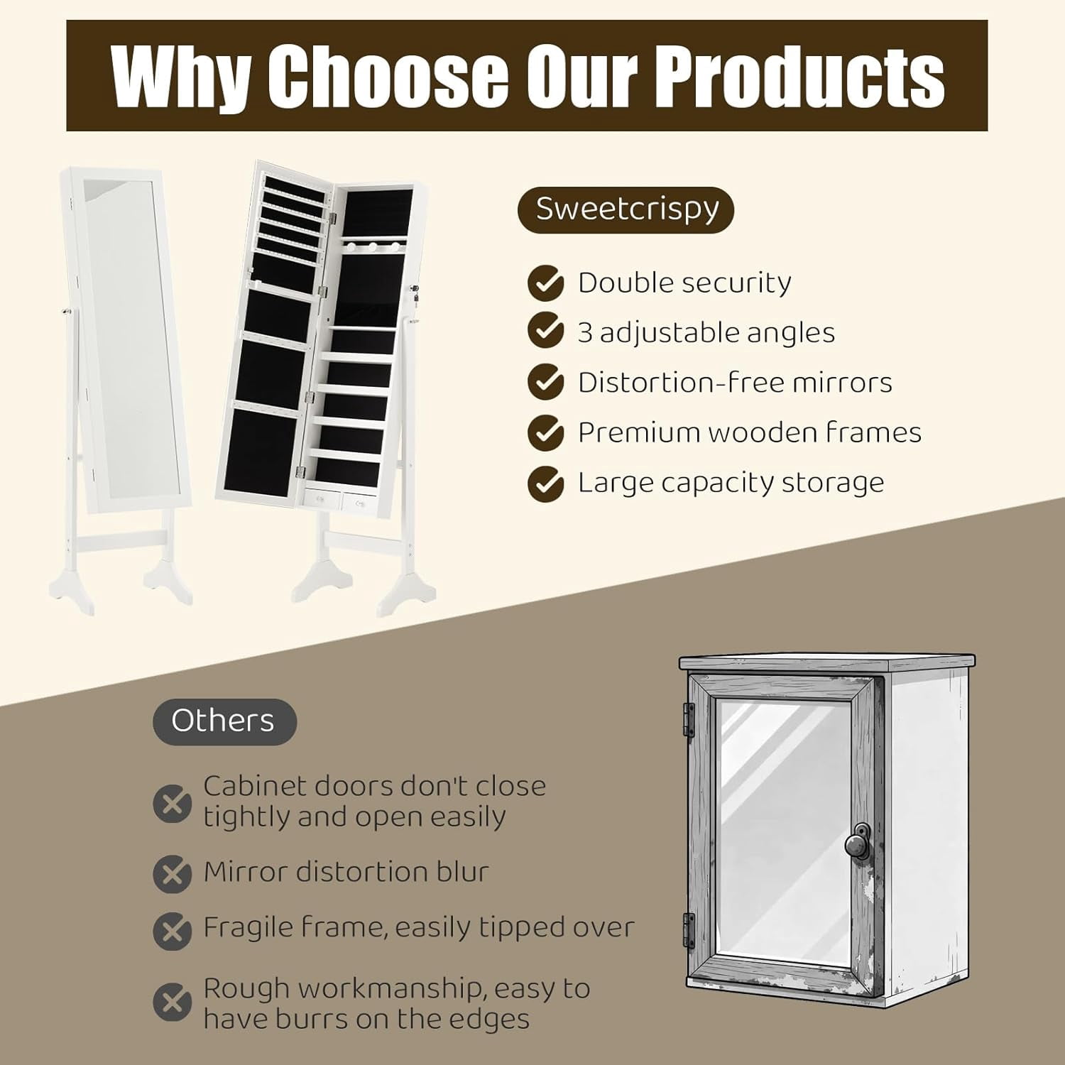 47.3'' Jewelry Armoire with Mirror, Freestanding Jewelry Cabinet with Lockable Design for Makeup Organize, White