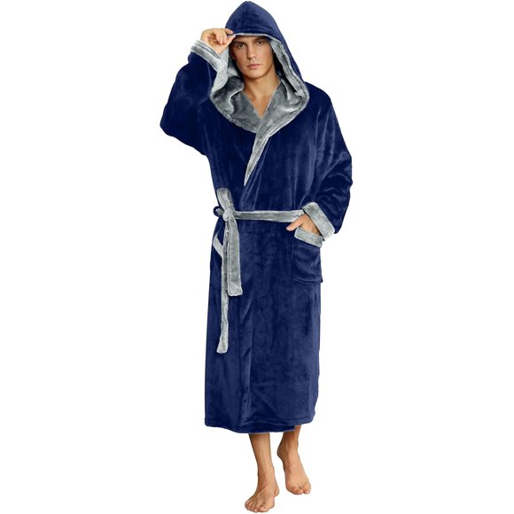 U2SKIIN Mens Fleece Robe with Hood, Mid Length Plush Shawl Collar Two Tone Bathrobe,(Navy/Light Grey,L-XL)