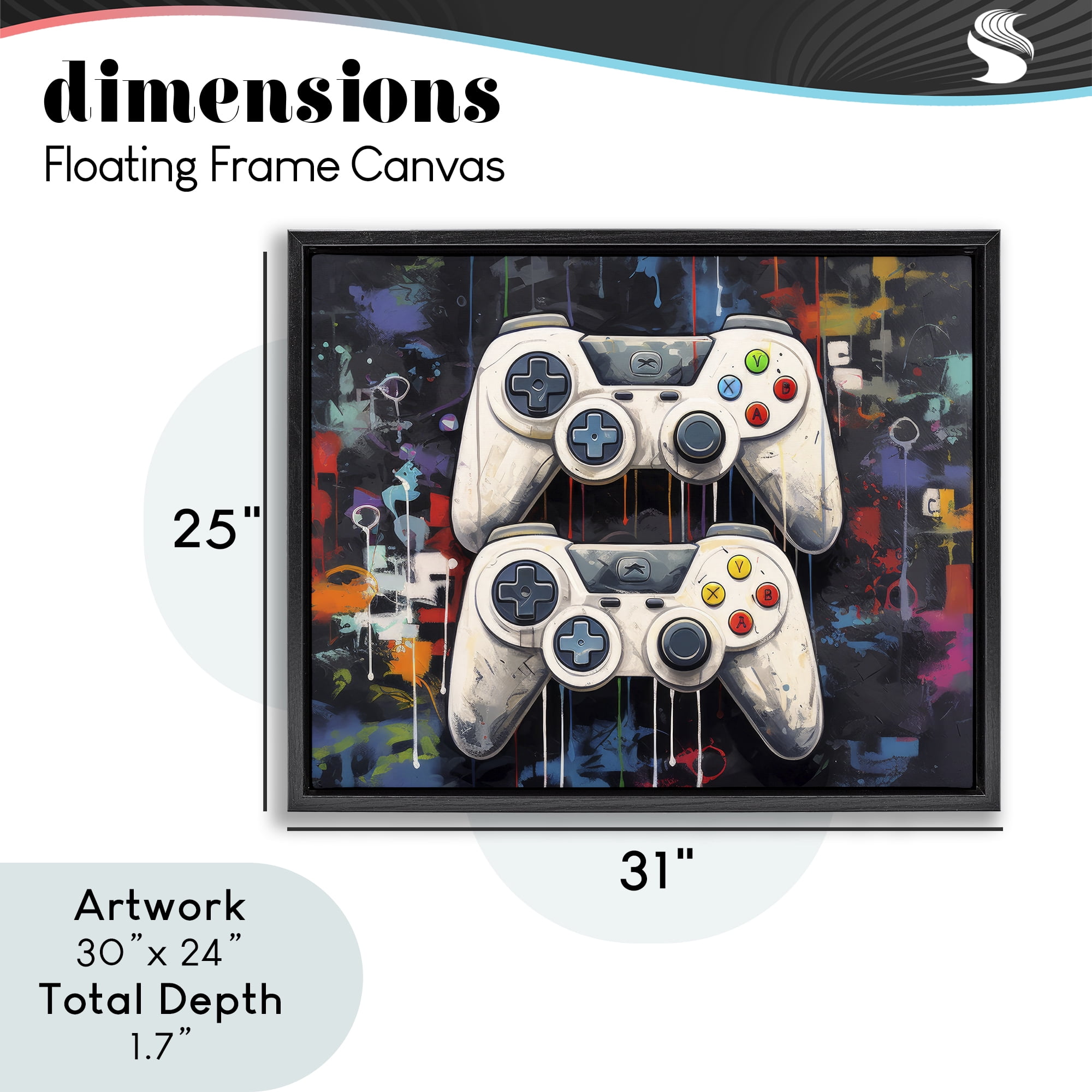 Stupell Industries Joystick Journeys with Paint Splatter Black Framed Floater Canvas Wall Art, design by Lazar Studio