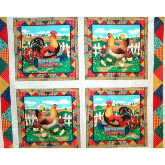 Green Acres Chickens Cream Pillow Panel Digital Cotton Fabric