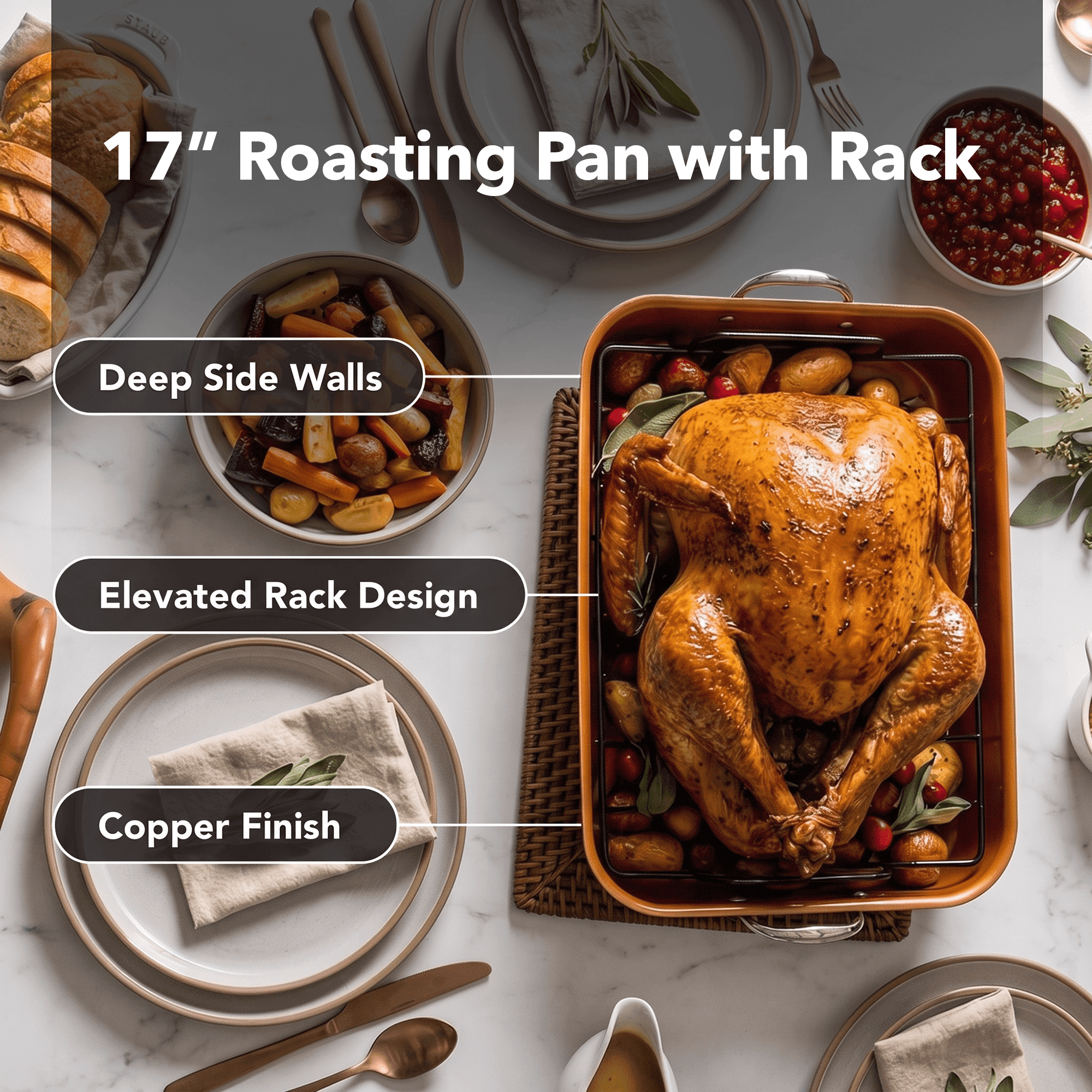 OVENTE 17" Carbon Steel Roasting Pan with V-Shape Rack, Copper CWR30820CO | Heavy-Duty Nonstick Rectangular Turkey Roaster for Chicken, Beef, Ham and Lasagna, Dishwasher Safe