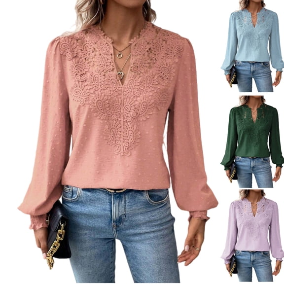 HAJWOH Womens Tops Dot Boho Long Sleeve Shirts V Neck Casual Chiffon Blouses Flowy Lace Hem Cute Clothing Trendy 2026