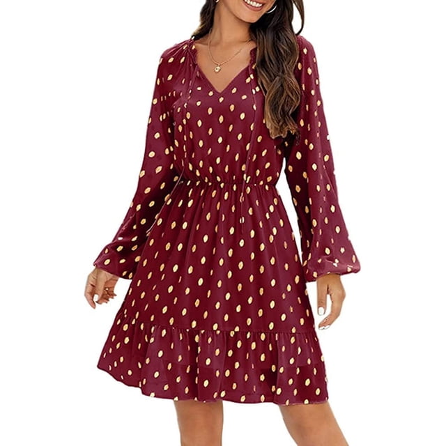 PENGXIANG Robes d'Invité de Mariage pour Femmes Automne Manches Longues à Volants Taille Haute Col en V à Nouer à Pois Robe Mini Évasée