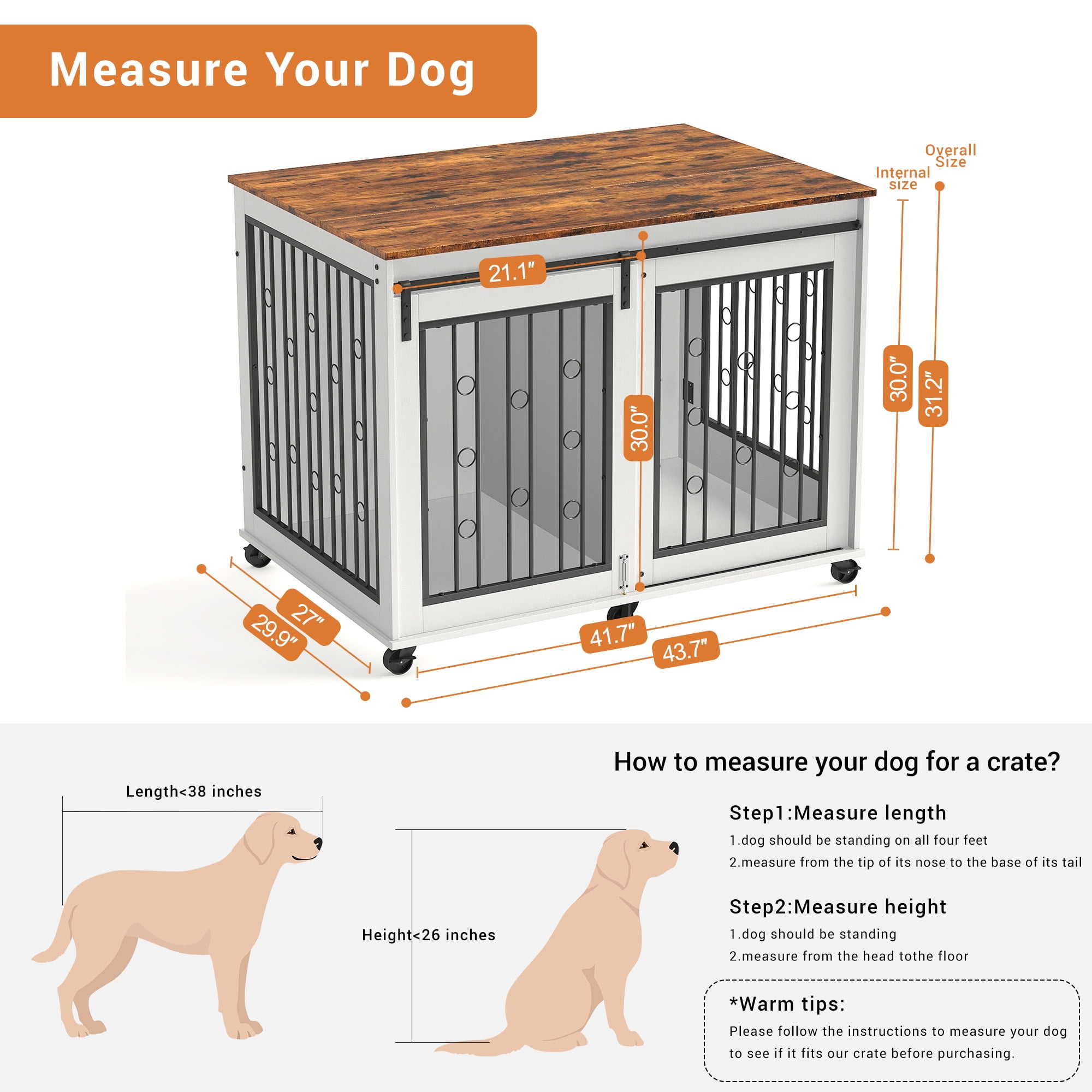 Pefilos 44" Sliding Door Dog Crate with Drawers, Furniture Style Double Door Dog Cage, Brown Countertop Indoor Kennel, White Pefilos 44" Sliding Door Dog Crate with Drawers, Furniture Style Double Door Dog Cage, Brown Countertop Indoor Kennel, White