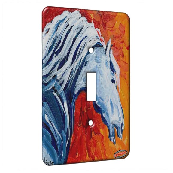 KuzmarK™ Single Gang Toggle Switch Wall Plate - White Flame Andalusian Stallion Abstract Horse Art by Denise Every