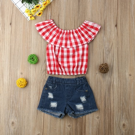 Kids Clothing 2Pcs Outfits Clothes Set Toddler Kids Clothing Baby Girl Cute Ruffle Plaid Vest Tank Top+Denim Ripped Short Jeans Pants ()
