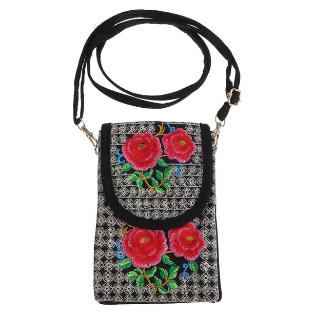 EeaseMX Bolso bandolera de lona bordado, bolso bandolera para teléfono móvil, bolso bandolera de moda, bolso de hombro vintage para mujer y niña (flor rosa)
