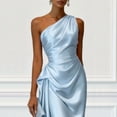 thumbnail image 2 of Morttic Women's Solid Color Ruched Waist One Shoulder Midi Dress – Elegant Satin Sleeveless Cocktail Gown Sky Blue，XL, 2 of 4