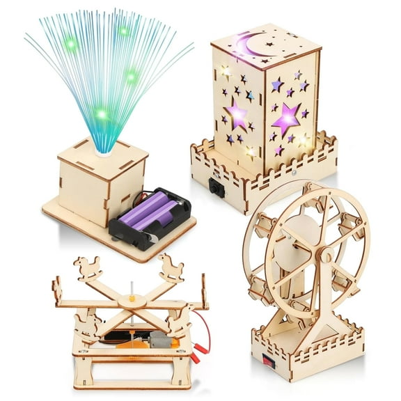 Syenll 4 in 1 STEM Science Kits for Kids, Wooden Arts and Craft Kits, 3D Puzzles DIY Building Engineering Set for Boys Girls Age 8-12