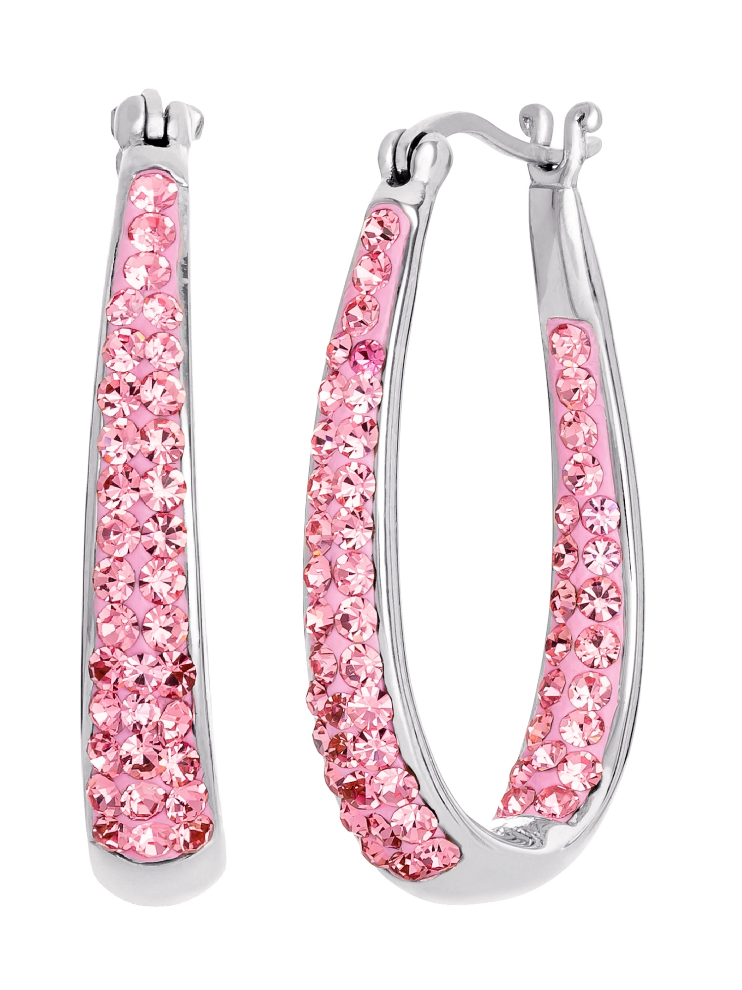 TOC Sterling Silver Pink Austrian Crystals Set Creole Hoop Earrings 17mm 