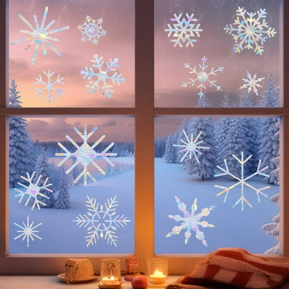 Iridescent Snowflake Window Clings, Winter Iridescent Window Sticker Wonderland Decorations Laser Rainbow Anti Collision Decals to Save Birds Non Adhesive Prismatic Window Clings