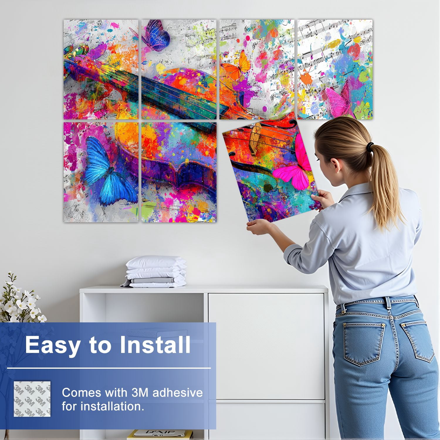 8 Pack Art Acoustic Panels Sound Absorbing Colorful Violin Butterflies Vibrant Colorful Butterfly Violin Musical Decorative Soundproof Wall Panels Self Adhesive for Nursery Game Room Bedroom 48"x32"