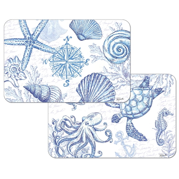 Wipe-Clean Reversible Decofoam Placemats, Coastal Sketch, Set of 2, Made in The USA
