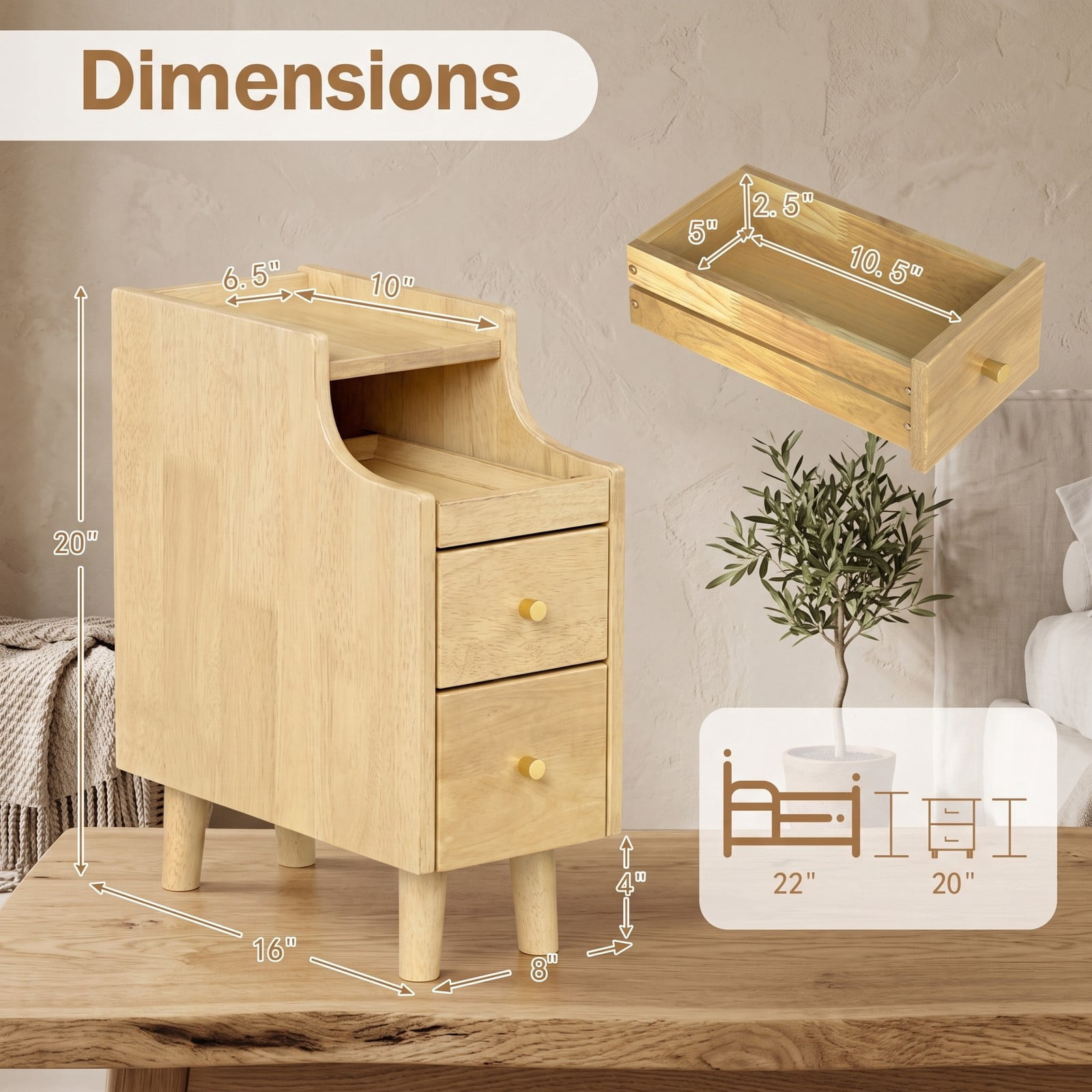 Furnibear Narrow Nightstand with Pull-out Tray and 2 Storage Drawers, Slim Solid Wood Bedside Table for Small Spaces and Tight Corners, Natural