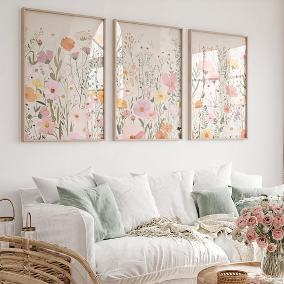 3pcs Bohemian Floral Canvas Wall Art Set - Vibrant Wildflower Print, Frameless, Modern Home Decor for Living Room, Bedroom, or Dining Area, Indoor/Outdoor Use, Perfect for Fall & Summer, Indoor Wall