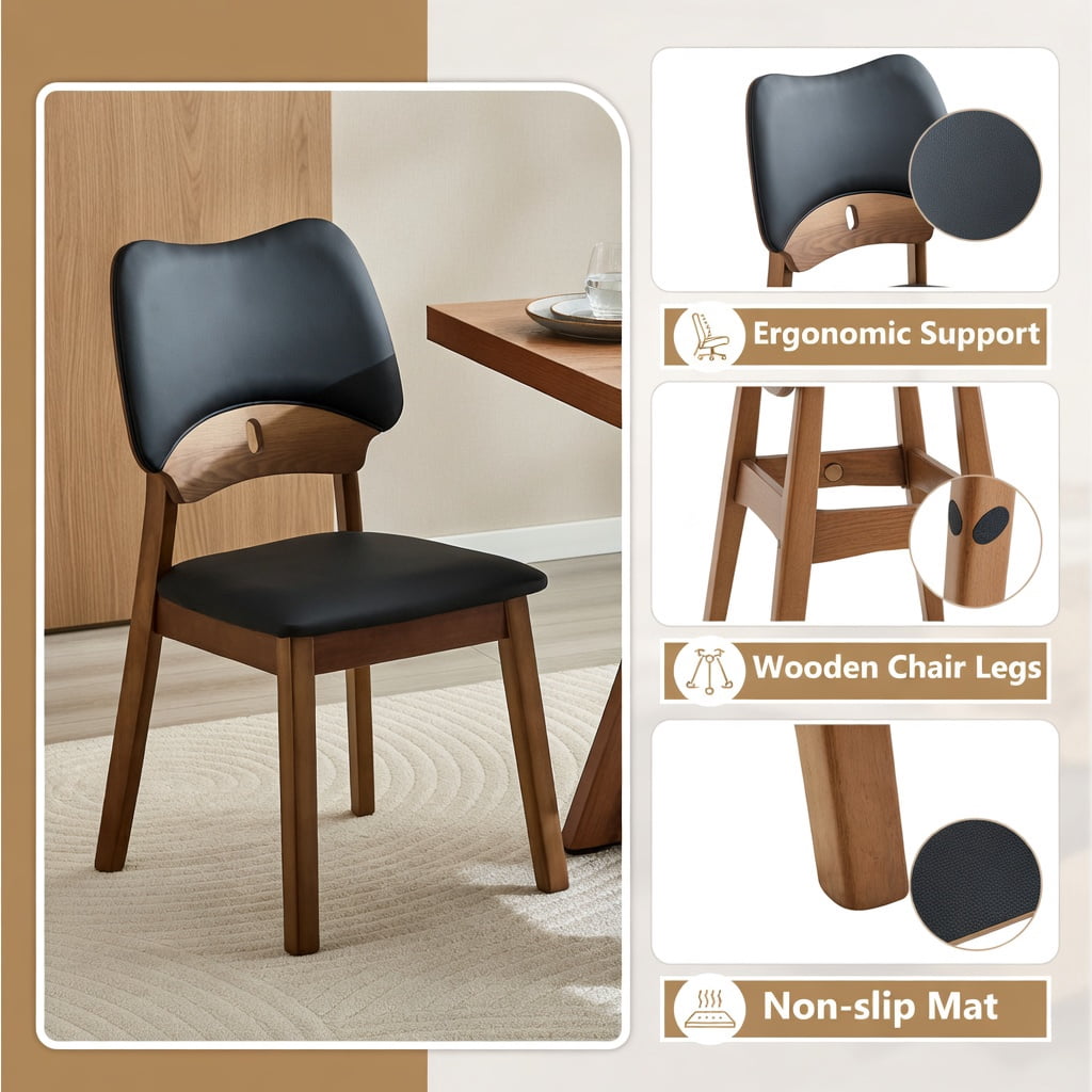 Hommoo 2-Pack Solid Wood Dining Chairs with PU Upholstered Seat & Backrest, Ergonomic Hollow-Back Design for Modern Home Dining, Black & Walnut