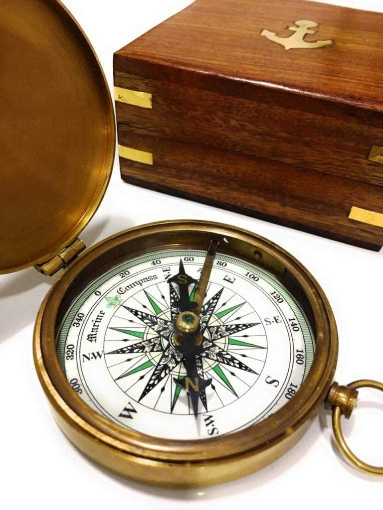 Nautical Marine Antique Finish Brass Compass With Lid Old Vintage Pocket Style 