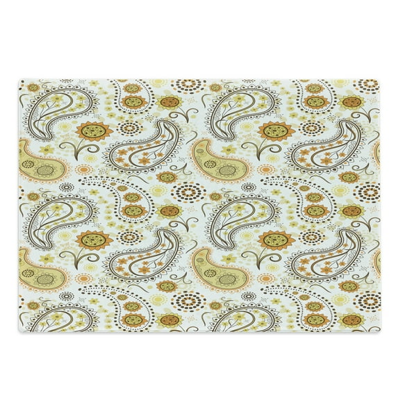 Sunflower Cutting Board, Floral Pattern with Sunflowers and Paisley Vintage Boho, Decorative Tempered Glass Cutting and Serving Board, Large Size, Orange Yellow White, by Ambesonne