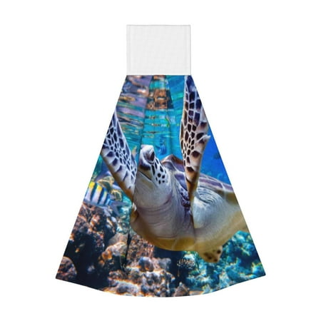 

Qekee Sea Turtle Swims Print Hanging Kitchen Towels Coral Velvet Wipe Hand Towel Absorbent Hand Towels Microfiber Tie Towel for Bathroom Kitchen Decor