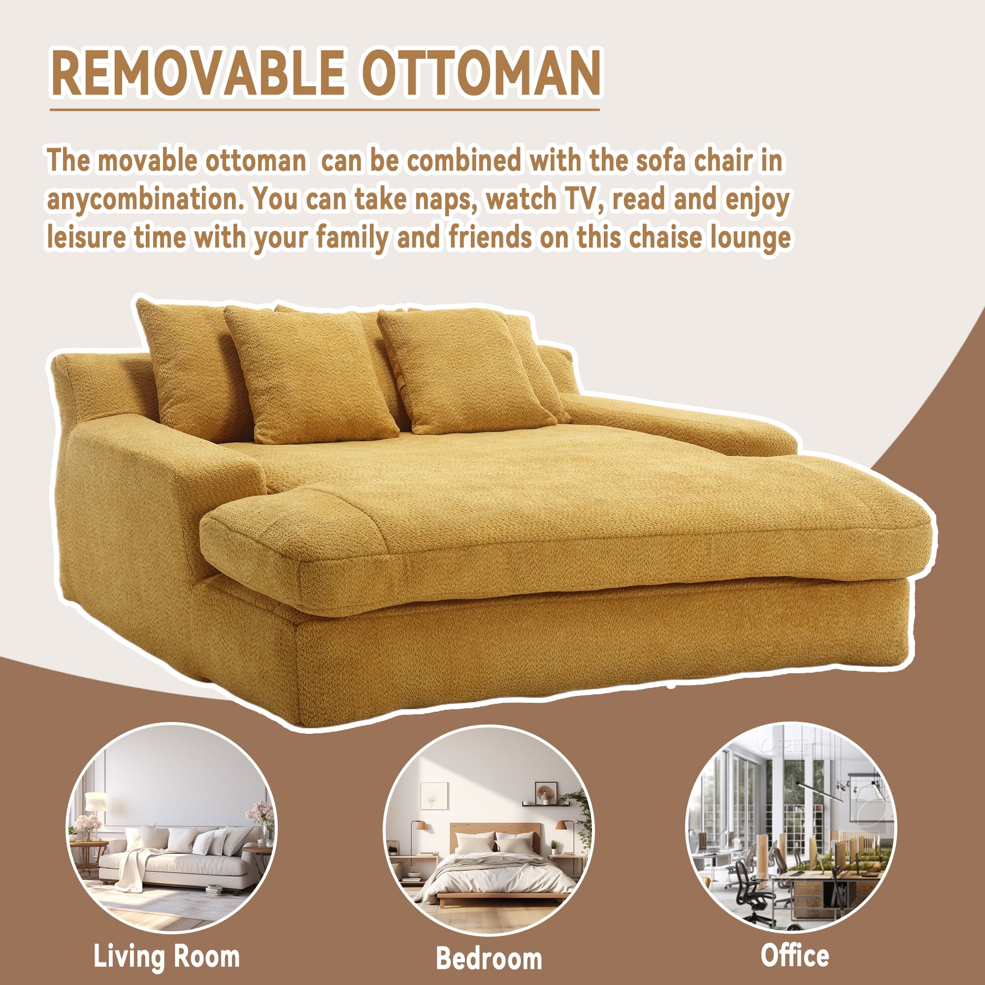 MOONMISS Chenille Upholstered 2-seater Deep Seat Lazy Sofa Bed with 5 Back Pillows-Yellow