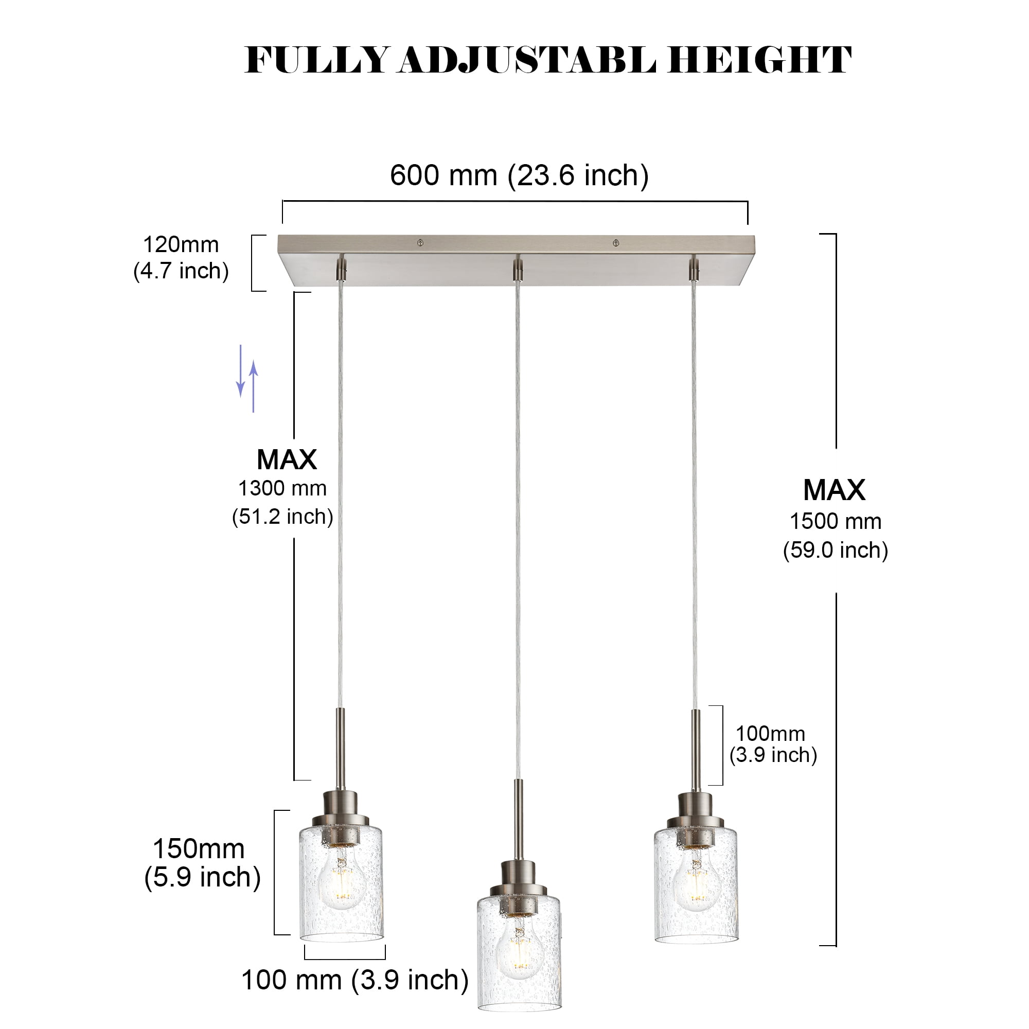 Melucee Farmhouse Dining Room Chandelier 3-Lights Brushed Nickel Kitchen Island Light, Clear Glass Pendant Lighting Fixtures